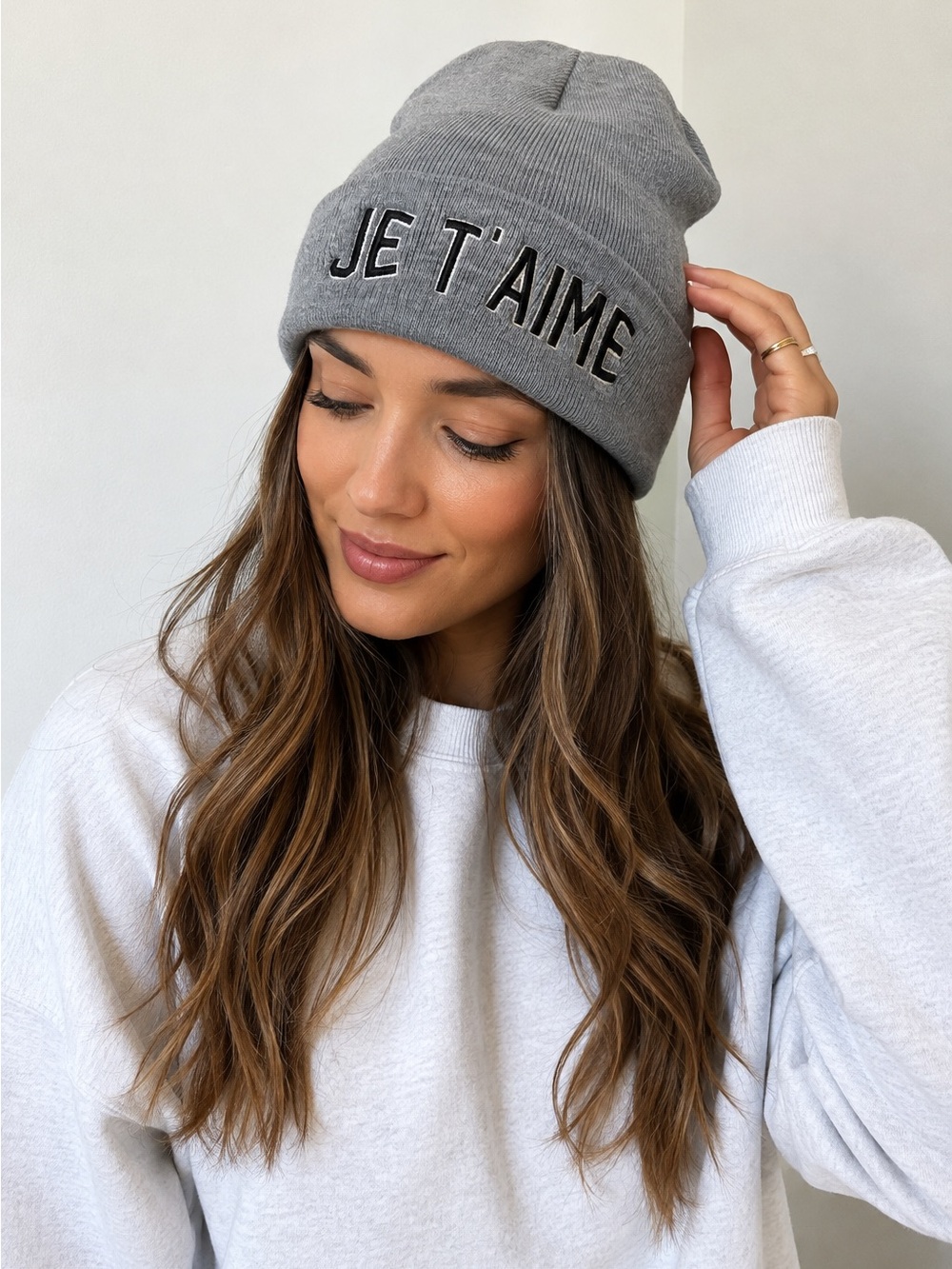 Je T’aime Embroidered Gray Knit Beanie Hat One Size